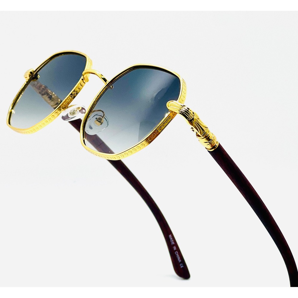 Men Sunglasses Fashion Designer Gold Frame Woody Arms Octagon Black Lens Lentes